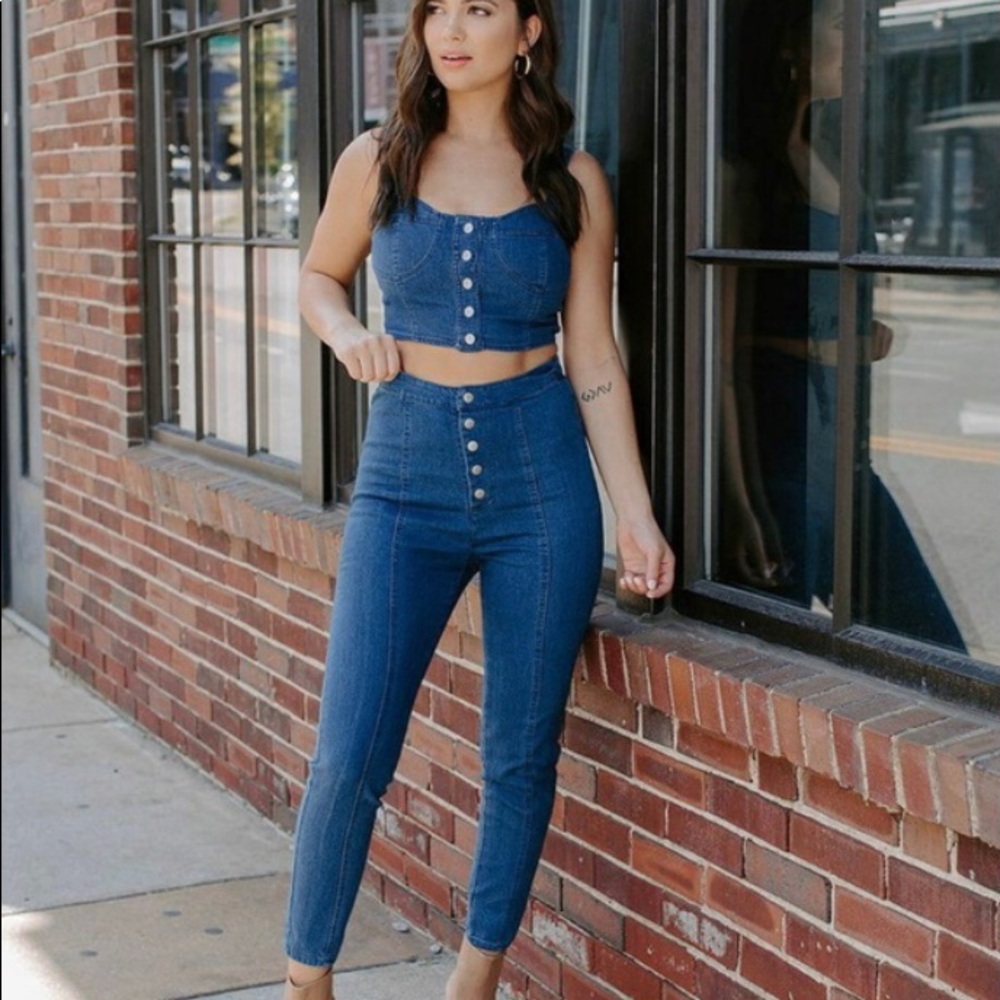 NWT Kittenish Delaney Denim Set, Jumpsuit High Waisted Crop Top Festival Size XS
